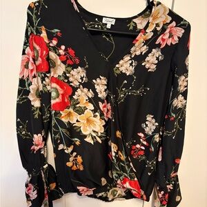 Kismet Black Floral Wrap Blouse with Red and Cream Blooms